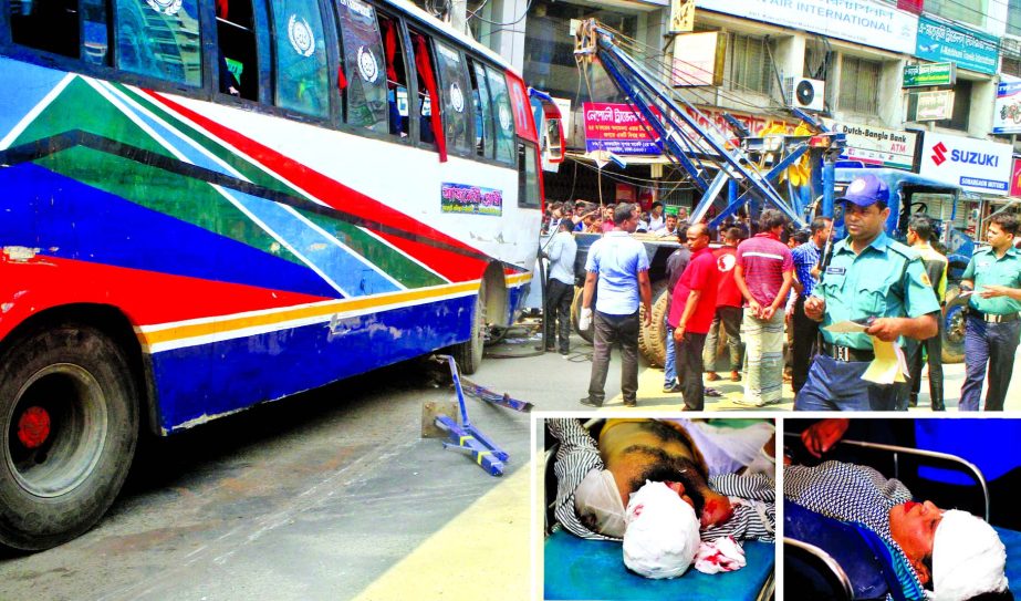 A passenger bus rams on an island hitting a light post in city's Kakrail area as driver lost control of the vehicle leaving some people injured (inset) on Wednesday.