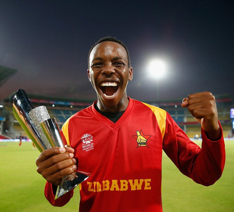 Wellington Masakadza is elated after winning the Man-of-the-Match trophy during the World T20 Group B match between Scotland and Zimbabwe at Nagpur on Thursday.