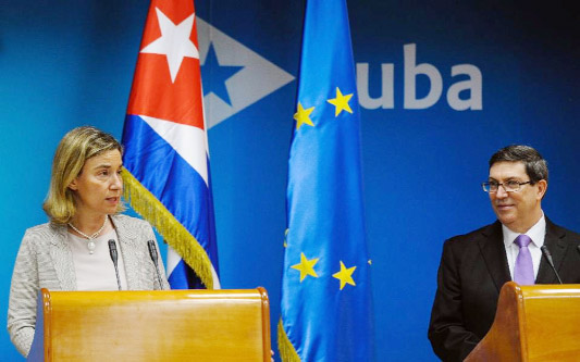 High Representative of the European Union for Foreign Affairs Federica Mogherini (L) and Cuban Minister of Foreign Affairs Bruno Rodriguez attend a press conference in Havana on Friday.