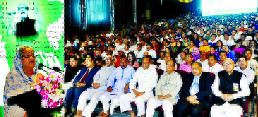 Prime Minister Sheikh Hasina speaking at a discussion on 'Historic March 7 Speech' organized by Sheikh Fazilatunnesa Mujib Memorial Trust in the auditorium of Khamarbari Krishibid Institution in the city on Saturday. BSS photo