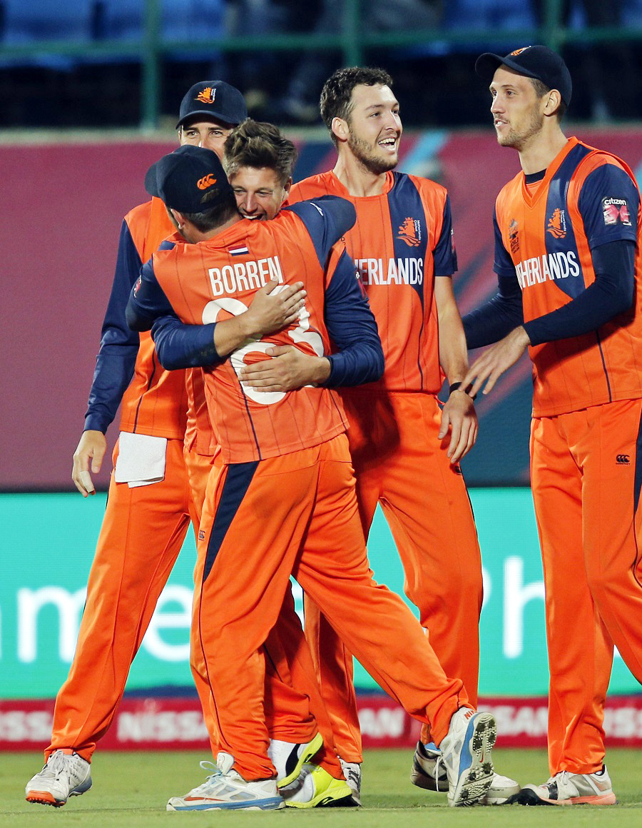Netherlands players celebrate the wicket of Ireland's Kevin O'Brien during the ICC World Twenty20 2016 cricket tournament at the Himachal Pradesh Cricket Association (HPCA) stadium in Dharamsala, India on Sunday.