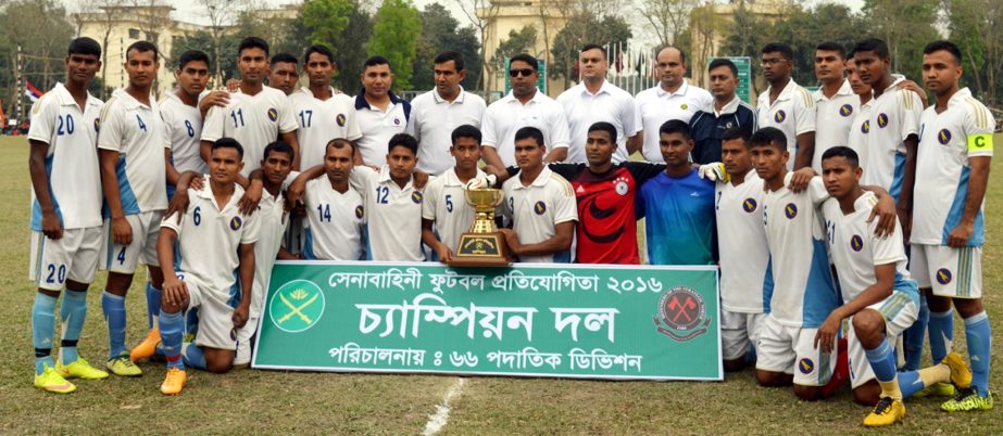 Area Commander of Rangpur and General Officer Commanding 66 Infantry Division Major General M Mashud Razzaq with the Six Independent ADA Brigade team, who became champion in the Army Football competition at 66 Infantry Division Cantonment in Rangpur on Su