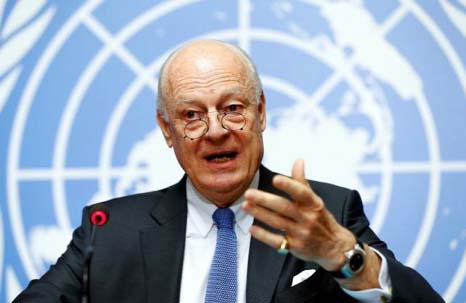 U.N. mediator for Syria Staffan de Mistura speaks to media on the U.N. sponsored Syria peace talks in Geneva, Switzerland on Monday.