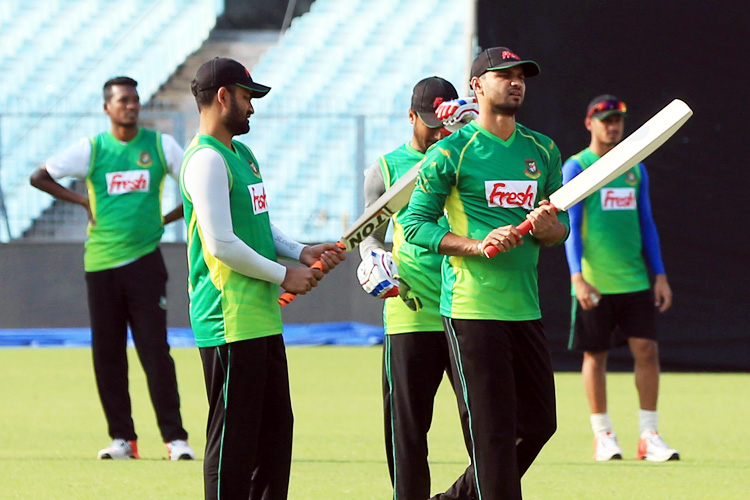 Players of Bangladesh National Cricket team during their practice session at the Eden Gardens in Kolkata, India on Tuesday. Bangladesh face Pakistan today.