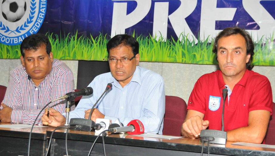 Vice-President of Bangladesh Football Federation (BFF) and Team Leader of Bangladesh National Football team Badal Roy speaking at a press conference at the conference room of BFF House on Wednesday.