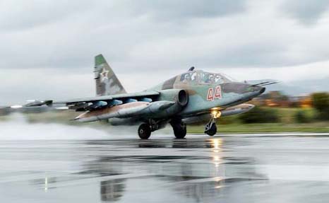 A Russian Sukhoi Su-25 fighter jet takes off during the withdrawal of Russian troops from Syria at Hmeymim airbase, Syria on Wednesday..