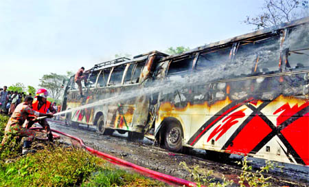 A fire broke out at two passenger buses from Cylinder explosion while a bus hit another standing bus from behind at Barakandi area of Gajaria Thana in Munshiganj leaving 20 people injured. Fire fighters later douse the flame on Thursday.