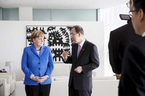 German Chancellor Angela Merkel meets with United Nations Secretary General Ban Ki-moon in the Chancellery in Berlin, Germany.