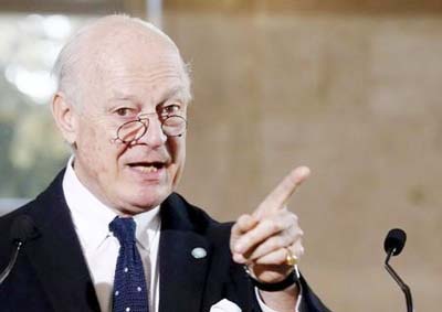 UN mediator for Syria Staffan de Mistura attends a news conference after a meeting with a delegation of the High Negotiations Committee (HNC) during Syria peace talks at the United Nations in Geneva, Switzerland on Friday.