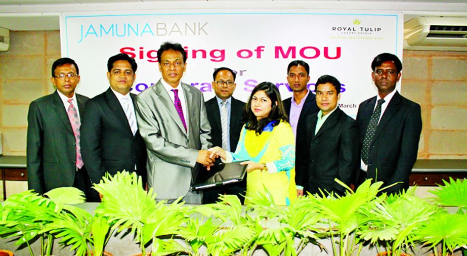 AKM Saifuddin Ahamed, Deputy Managing Director of Jamuna Bank Limited and Sanjida Mishu, Deputy Manager (Sales & Marketing) of Royal Tulip Luxury Hotel signed an agreement at the bank's head office recently. Under agreement, JBL credit card holders and i