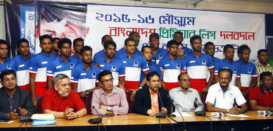 Senior Vice-President of Bangladesh Football Federation (BFF) and Chairman of the Professional Football League Committee Abdus Salam Murshedy speaking during the Players' Transfer Window of Sheikh Russel Krira Chakra at the BFF House on Saturday.