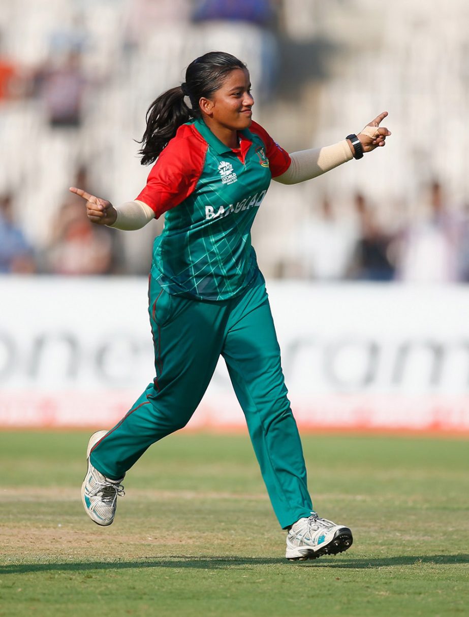 Nahida Akter of Bangladesh celebrates after taking a wicket of West Indies during the Women's World T20 Group B match at Chennai on Sunday.