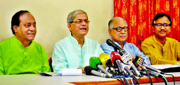 Acting Secretary General of BNP Mirza Fakhrul Islam Alamgir speaking at a press conference on 'BNP Chairperson Begum Khaleda Zia's speech and answer to Prime Minister Sheikh Hasina' at the party central office in the city's Nayapalton on Monday.