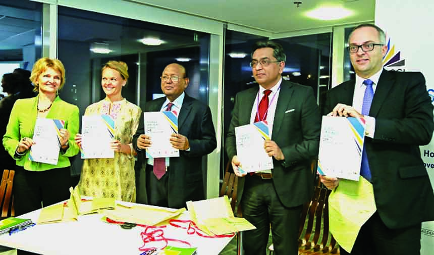 Left to Right: Norwegian Ambassador, Merete Lundemo; Danish Ambassador, Hanne FuglEskjÃ¦r; Commerce Minister, Tofail Ahmed, MP; NCCI President, Shamim Ul Huq; Swedish Ambassador, Johan Frisell are seen at the launch of Nordic Business Confidence Survey