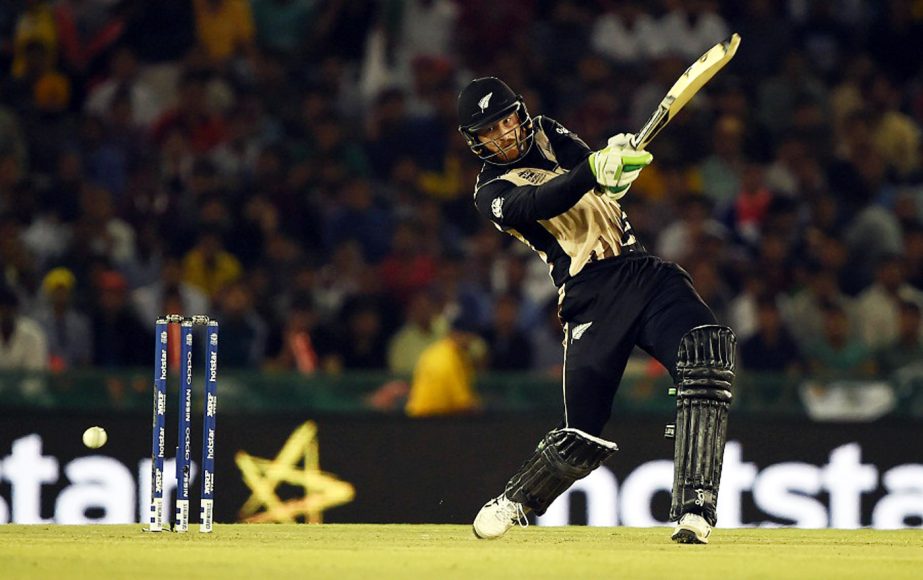 New Zealand's Martin Guptill plays a shot during the World T20 cricket match between New Zealand and Pakistan at the Punjab Cricket Association Stadium in Mohali on Tuesday.