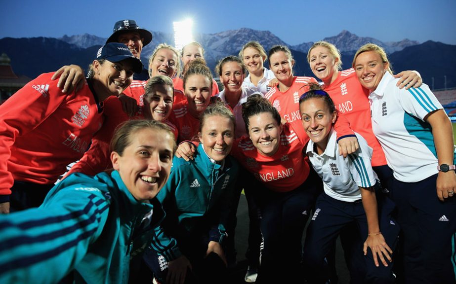 The England Womens cricket team take a selfie after their win in the Women's ICC World Twenty20 match between England and India at the HPCA Stadium in Dharamsala, India on Tuesday.