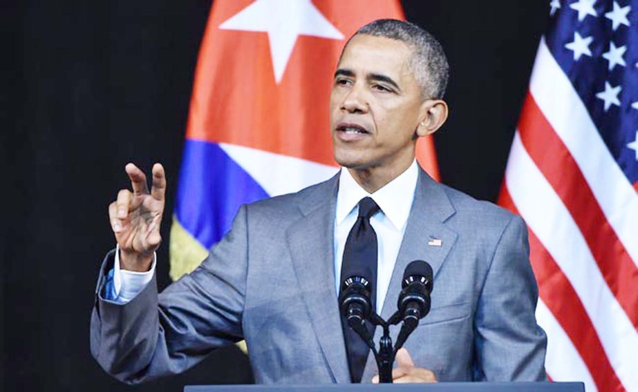 US President Barack Obama delivering his historic speech at Havana's Grand Theatre on Tuesday.