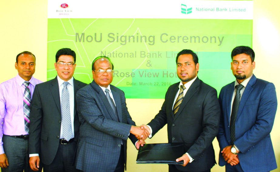 M A Wadud, Deputy Managing Director of National Bank Limited & M Z I Dalton Zahir, Head of Sales & Marketing of Rose View Hotel exchanging a MoU on Tuesday at Bank's Card Division.