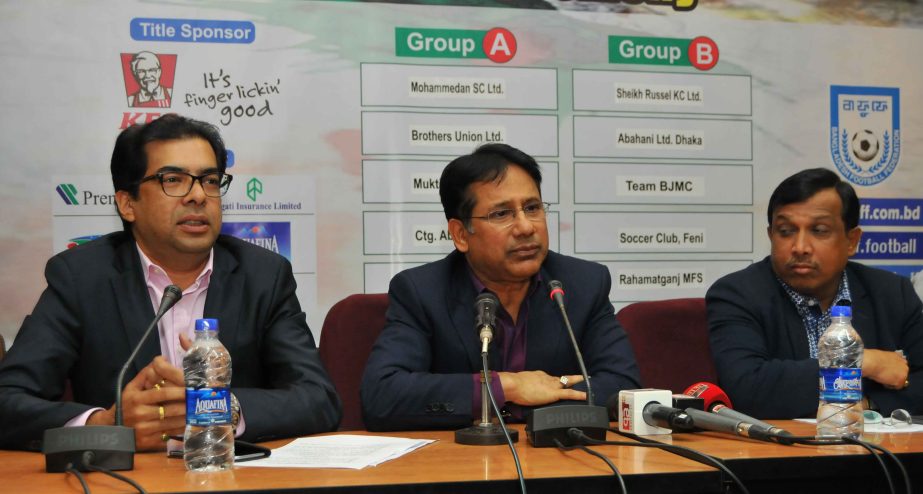 Senior Vice-President of Bangladesh Football Federation (BFF) Abdus Salam Murshedy speaking at a press briefing at the conference room of BFF House on Thursday.