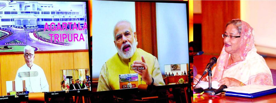 Prime Minister Sheikh Hasina and her Indian counterpart Narendra Modi in a video-conference during the joint inauguration of 100MW electricity import from India and export of bandwidth from Bangladesh on Wednesday.