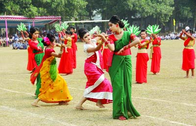 SHERPUR(Bogra): Students of Palli Unnoyan Academy Laboratory School and College, Bogra participating in a display on the occasion of the Independence Day on Saturday.