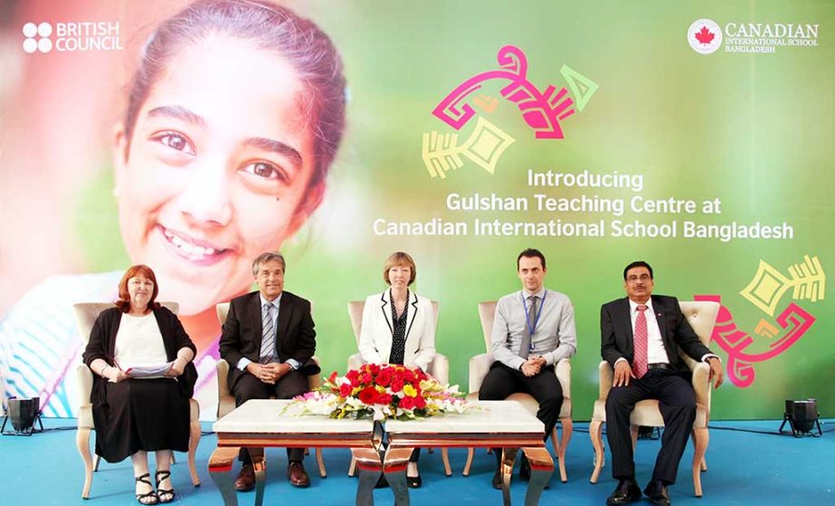 Alison Blake, British High Commissioner to Bangladesh along with Canadian High Commissioner BenoÃ®t-Pierre LaramÃ©e is seen at the launching ceremony of British Council Teaching Centre at Gulshan in the capital on Tuesday.