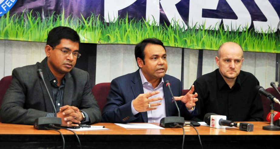 Chairman of the Football Committee of the Chittagong Abahani Limited Tarafdar Ruhul Amin speaking at a press conference at the conference room of Bangladesh Football Federation House on Tuesday.