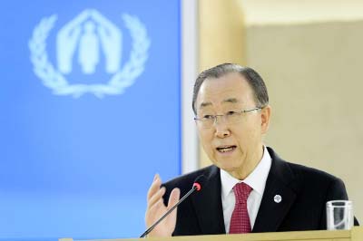 United Nations Secretary General Ban Ki-moon delivers a speech during a one-day conference meant to further efforts to resettle Syrian refugees at the United Nations in Geneva, Switzerland on Wednesday