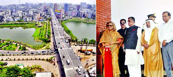 Prime Minister Sheikh Hasina inaugurating the first phase of Moghbazar-Mouchak Flyover Project from Satrasta to Ramna Thana point through unveiling a plaque on Wednesday. Saudi Ambassador to BD also seen among others. BSS photo