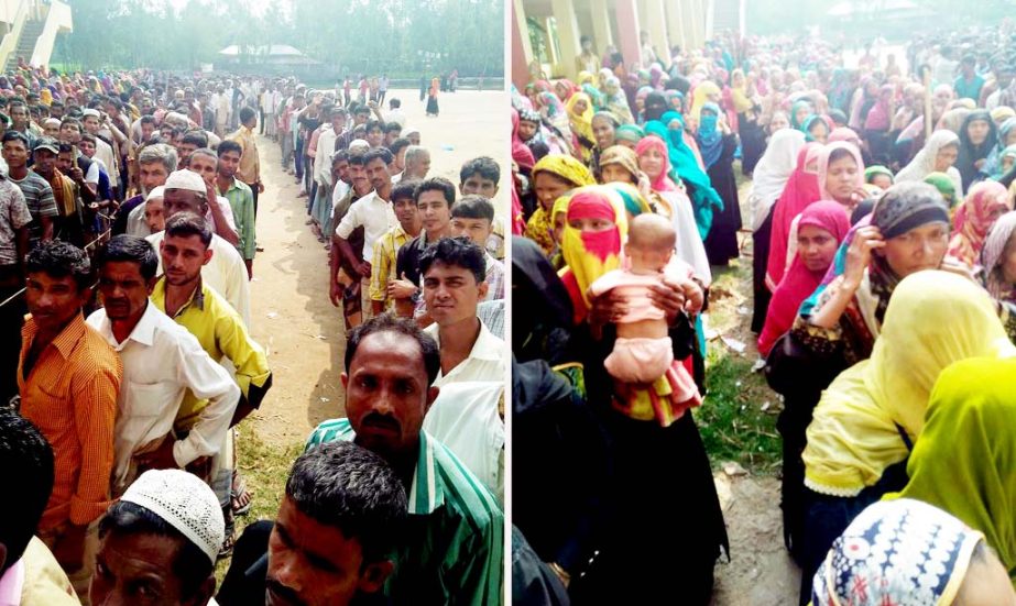 Voters are waiting in a long queue for casting vote at a centre in Pakua Upazila in Coxâ€™s Bazar yesterday.
