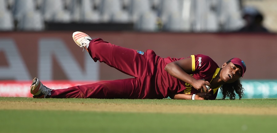 West Indies cricketer Hayley Matthews fields a ball off her own bowling during the World T20 women's semi-final match between New Zealand and West Indies in Mumbai on Thursday.