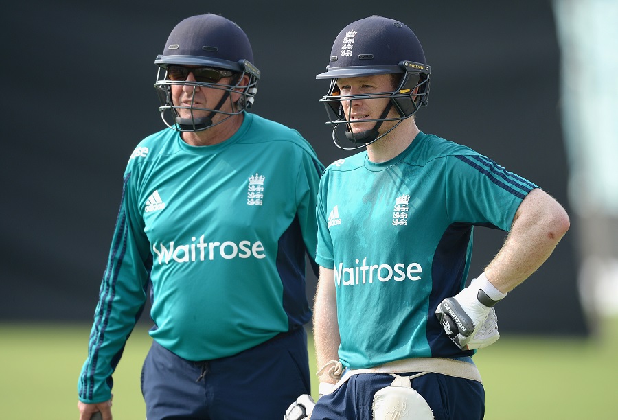 Trevor Bayliss with Eoin Morgan during training in Kolkata on Saturday.