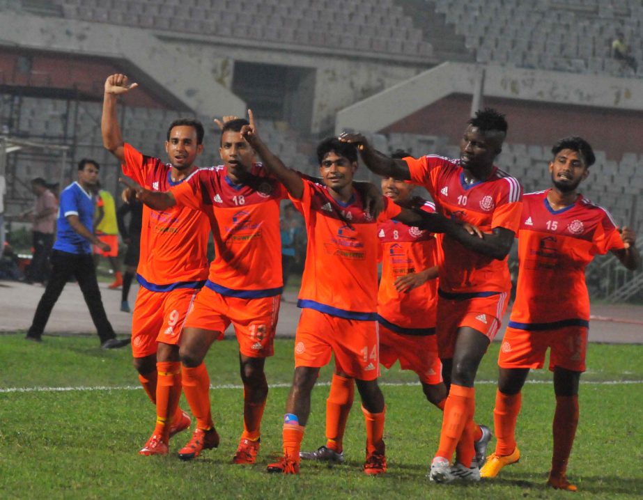 Players of Brothers Union Club celebrating after defeating Uttar Baridhara Club by two goals to nil in their football match of the KFC Independence Cup at the Bangabandhu National Stadium on Saturday.