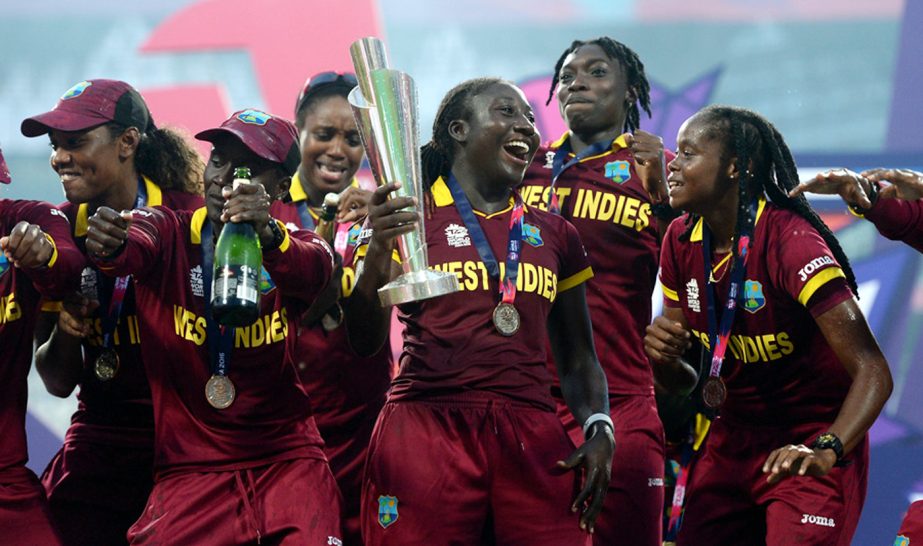 West Indies lift the trophy after winning the Women's ICC World Twenty20 India 2016 Final between Australia and the West Indies at Eden Gardens in Kolkata, India on Sunday.
