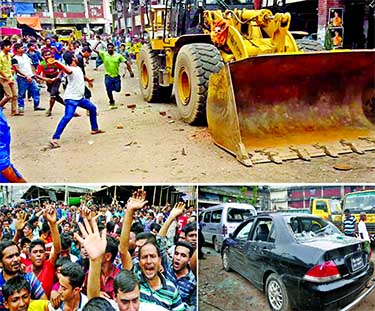 Business traders, workers attacked the bulldozers, vandalise cars parked there (right) and brought out rally (left) when DNCC authorities conducted eviction drive in city's Karwan Bazar kitchen market on Tuesday.