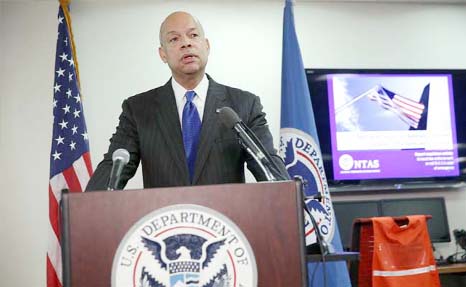 US Secretary of Homeland Security Jeh Johnson speaks to members of the media at the National Response Coordination Center at FEMA Headquarters in Washington, DC.