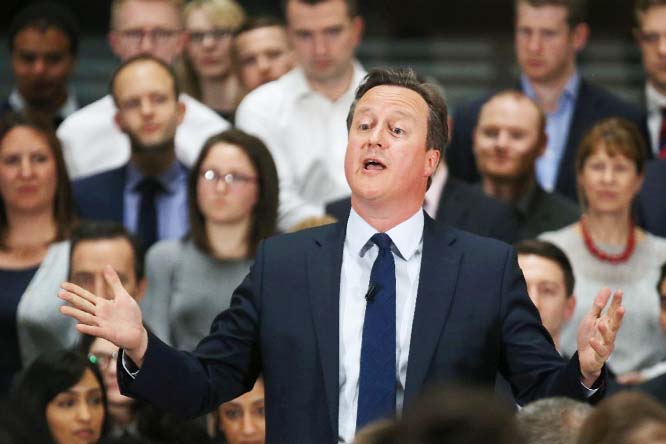 Britain's Prime Minister David Cameron speaks on the forthcoming European Union referendum with staff of Price waterhouse Coopers in Birmingham, central England.