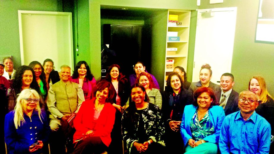 Professor Muhammad Yunus visited the Boston branch of Grameen America Inc. where he interacted with the women microcredit borrowers and staff of the branch on 7 April 2016.