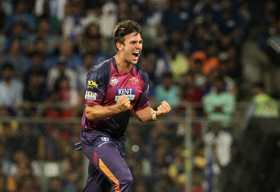 Mitchell Marsh is pumped up after picking up a wicket during the IPL 2016 match between Mumbai Indians and Rising Pune Supergiants at Mumbai on Saturday. Mumbai Indians scored 121 for 8 in 20 overs.