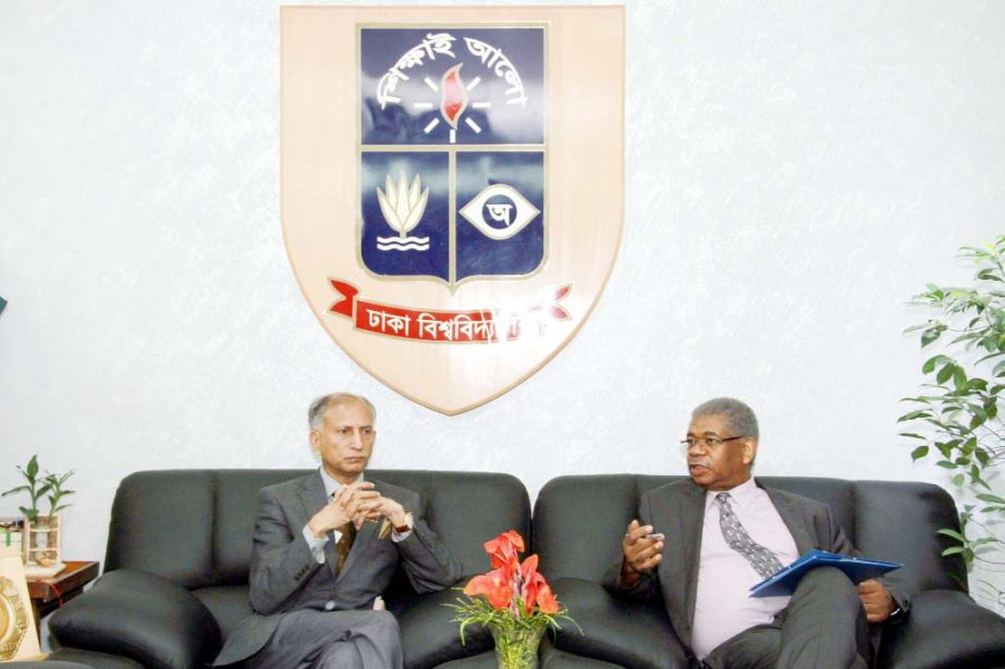 Dhaka University Vice-Chancellor Prof Dr AAMS Arefin Siddique exchanges views with Dr Boubakar Diawara, Professor of Research Institute of Chemistry of the University of Pierre and Marie Curie at the DU VC Office on Sunday.