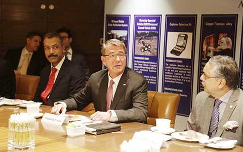 US Defense Secretary Ash Carter (centre) speaks at Innovation Roundtable organized by Federation of Indian Chambers of Commerce and Industry in New Delhi on Tuesday.