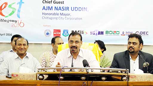 CCC Mayor A J M Nasir Uddin speaking at a meet the press on job fair at Secretary K B Abdus Sattar Auditorium of Chittagong City Corporation yesterday.