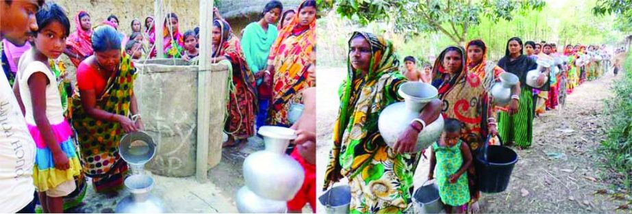 SAPAHAR (Naogaon): Women of Manikura Dighipara village are collecting drinking water from neighboruing village due to scarcity of drinking water. This snap was taken on Tuesday.