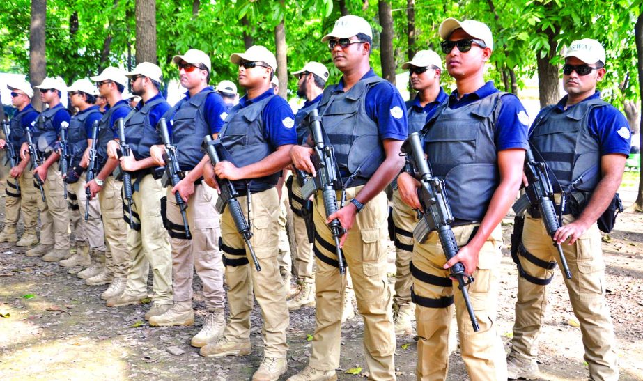 Members of SWAT team assigned to guard Mangal Sobhajatra are in demonstration at Ramna Batamul ahead of the Pahela Baishakh.