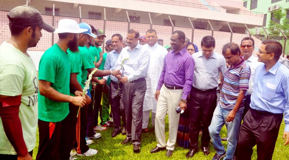CCC Mayor AJM Nasir Uddin being introduced with players of Chittagong City Corporation Ekadosh and Ekadosh Green after inauguration of training camp in MA Aziz stadium in the city on Wednesday.