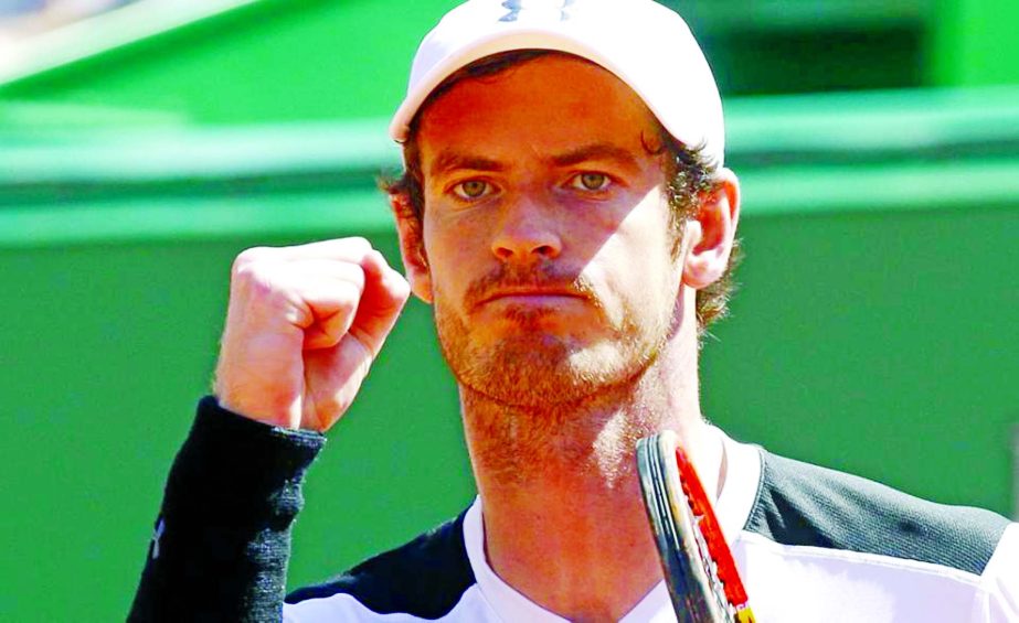 Andy Murray of Britain reacts after defeating Canada's Milos Raonic after their quarter final match of the Monte Carlo Tennis Masters tournament in Monaco on Friday.