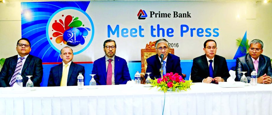 Ahmed Kamal Khan Chowdhury, Managing Director of Prime Bank Ltd, addresses the press conference on the occasion of the 21st founding anniversary of the bank at a city hotel on Saturday. Deputy Managing Directors- Habibur Rahman, Rahel Ahmed, Md. Touhidul