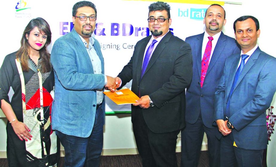 Nazeem A Choudhury, Head of Consumer Banking of Eastern Bank Ltd and Mehran Hussain Chowdhury, Managing Director of BDRATES Holdings Limited, exchang documents of a cooperation agreement in Dhaka recently. Under the agreement BDRATES will provide EBL "cu