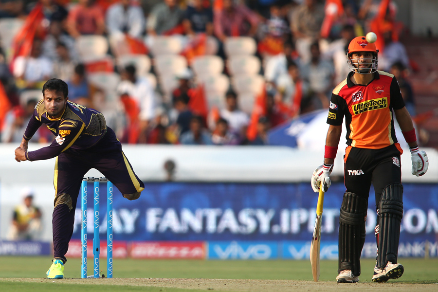 Shakib Al Hasan of Kolkata Knight Riders sends down a delivery during match 8 of the Indian Premier League between the Sunrisers Hyderabad and the Kolkata Knight Riders held at the Rajiv Gandhi Intl. Cricket Stadium, Hyderabad on Saturday.