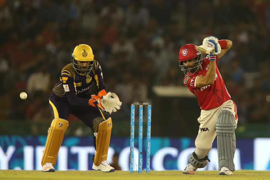 Manan Vohra of Kings XI Punjab square drives a delivery during match 13 of the Vivo Indian Premier League (IPL) 2016 between the Kings XI Punjab and the Kolkata Knight Riders held at the IS Bindra Stadium, Mohali, India on Tuesday.